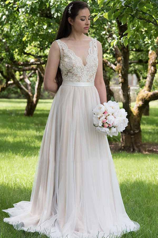 A-line V-neck Lace Top Tulle Skirt Beach Wedding Dresses, Wedding Gown, MW743 | bohemian wedding dress | cheap lace wedding dresses | summer wedding dresses | www.musebridals.com